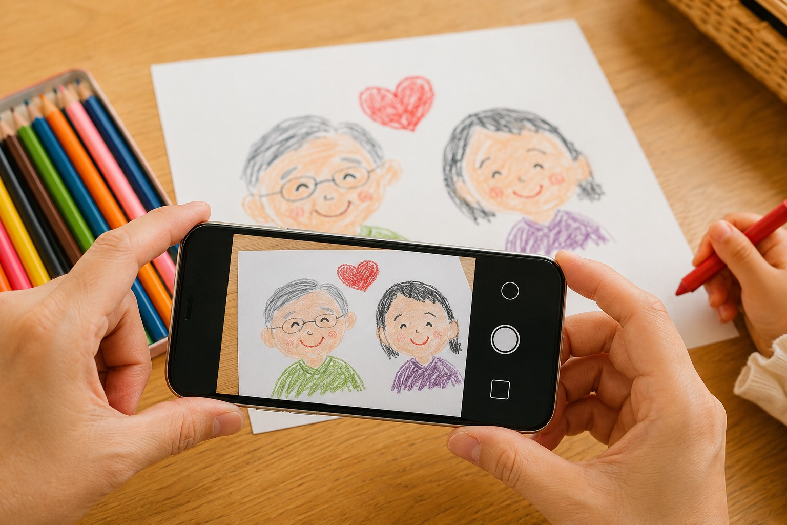 紙に描いた祖父母の似顔絵をスマホで撮影するイメージ