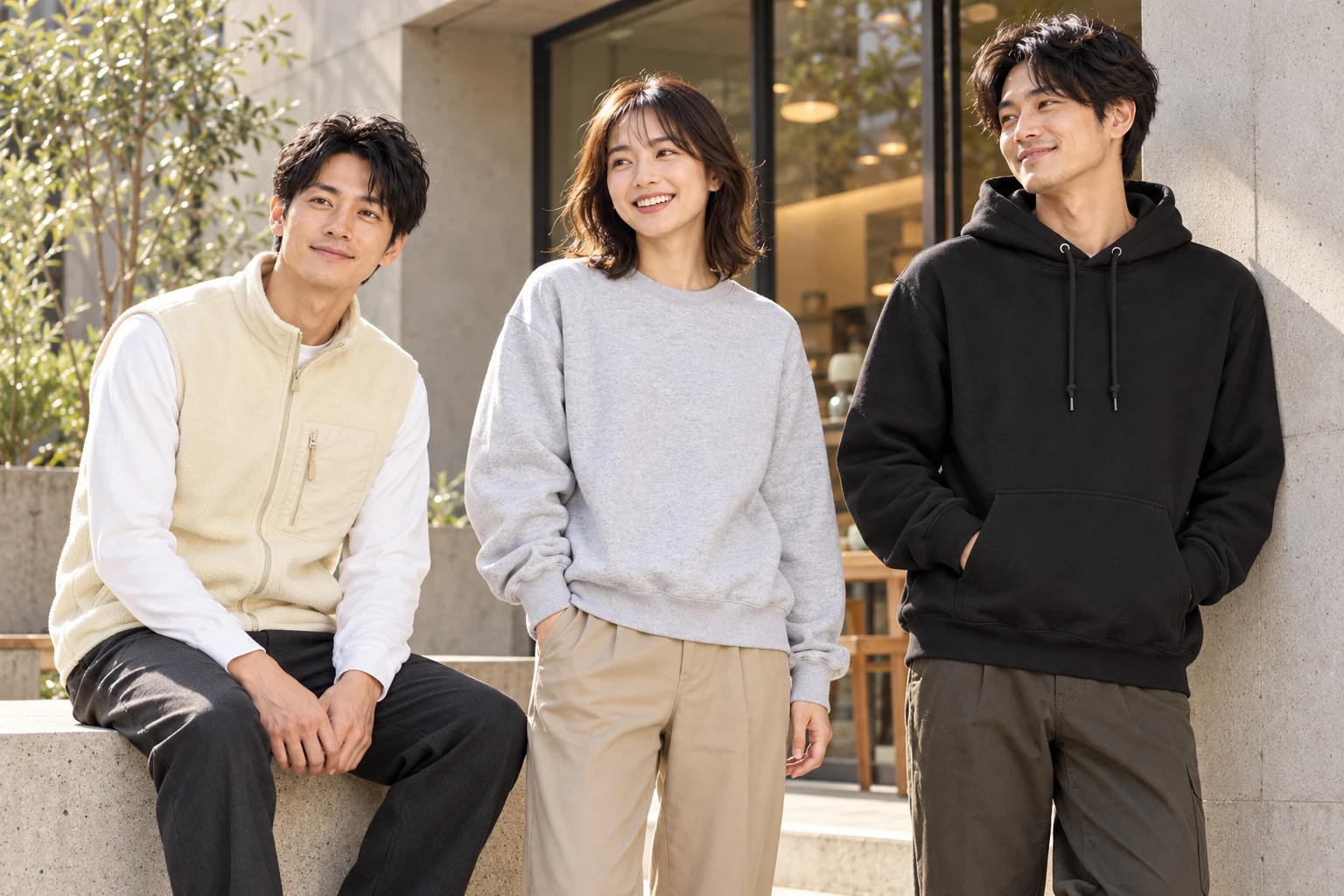 生成りのフリースベスト、グレーのスウェット、黒のパーカーを着る3人の着用イメージ（AI生成）